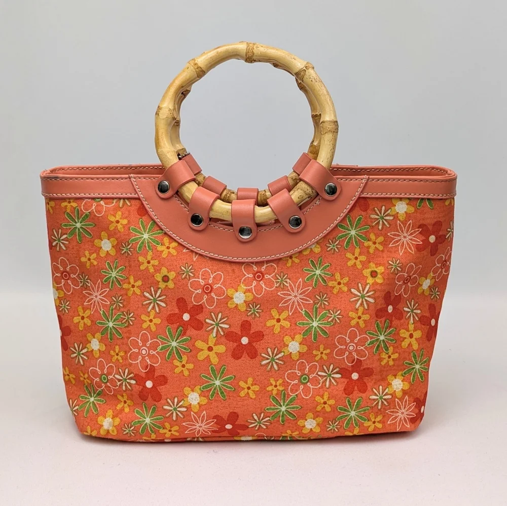 CL America Floral Canvas Tote Bag Faux Bamboo Handles Jute Beachy Coastal Coral